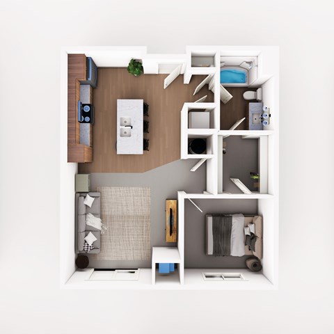 A top down view of a small apartment with a bed, a couch, a table, and a kitchen area.